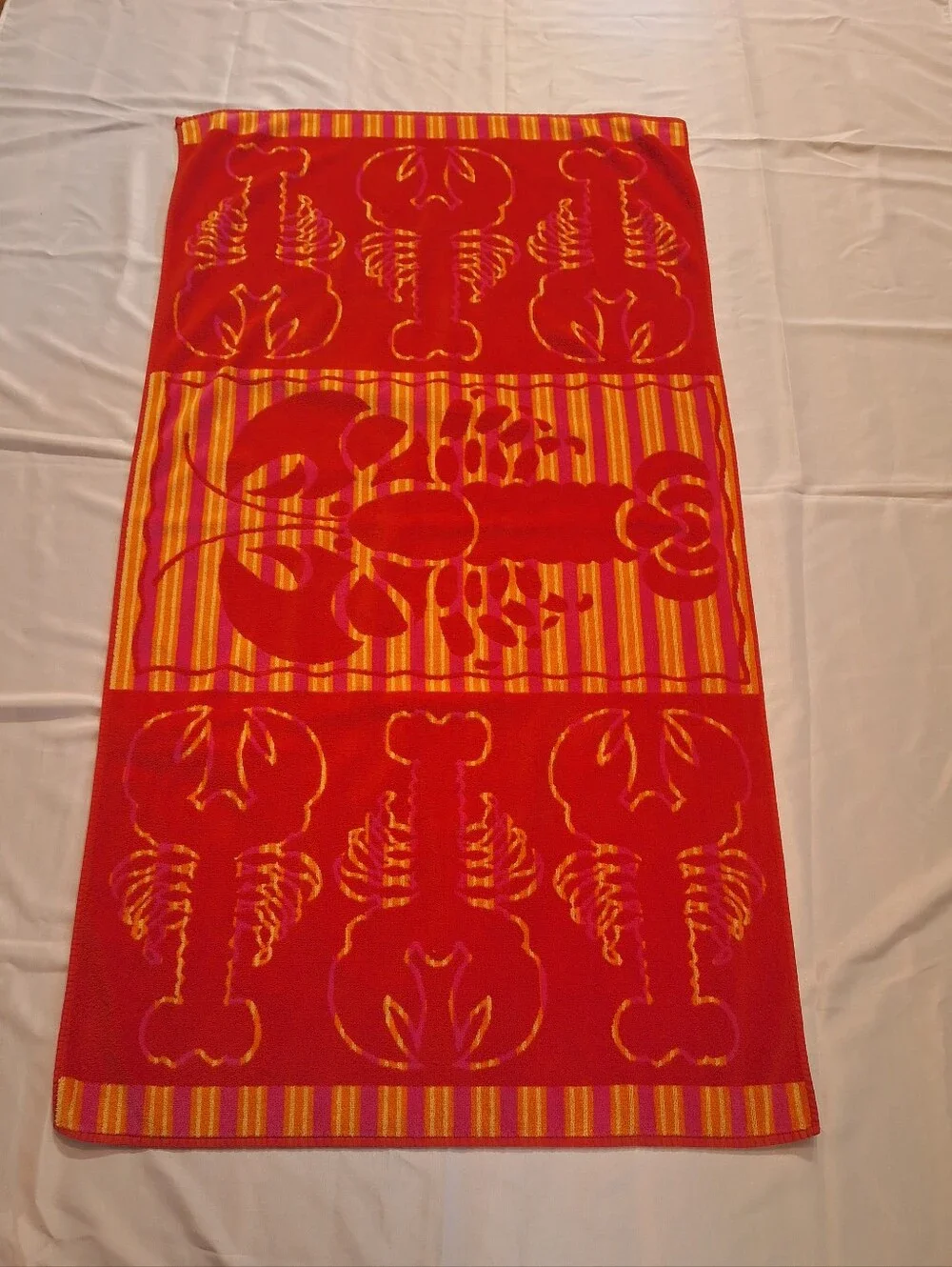 Vtg 90s Palm Cove Lobster Beach Towel Red Orange Pink Ocean 57x30 Inch Retro